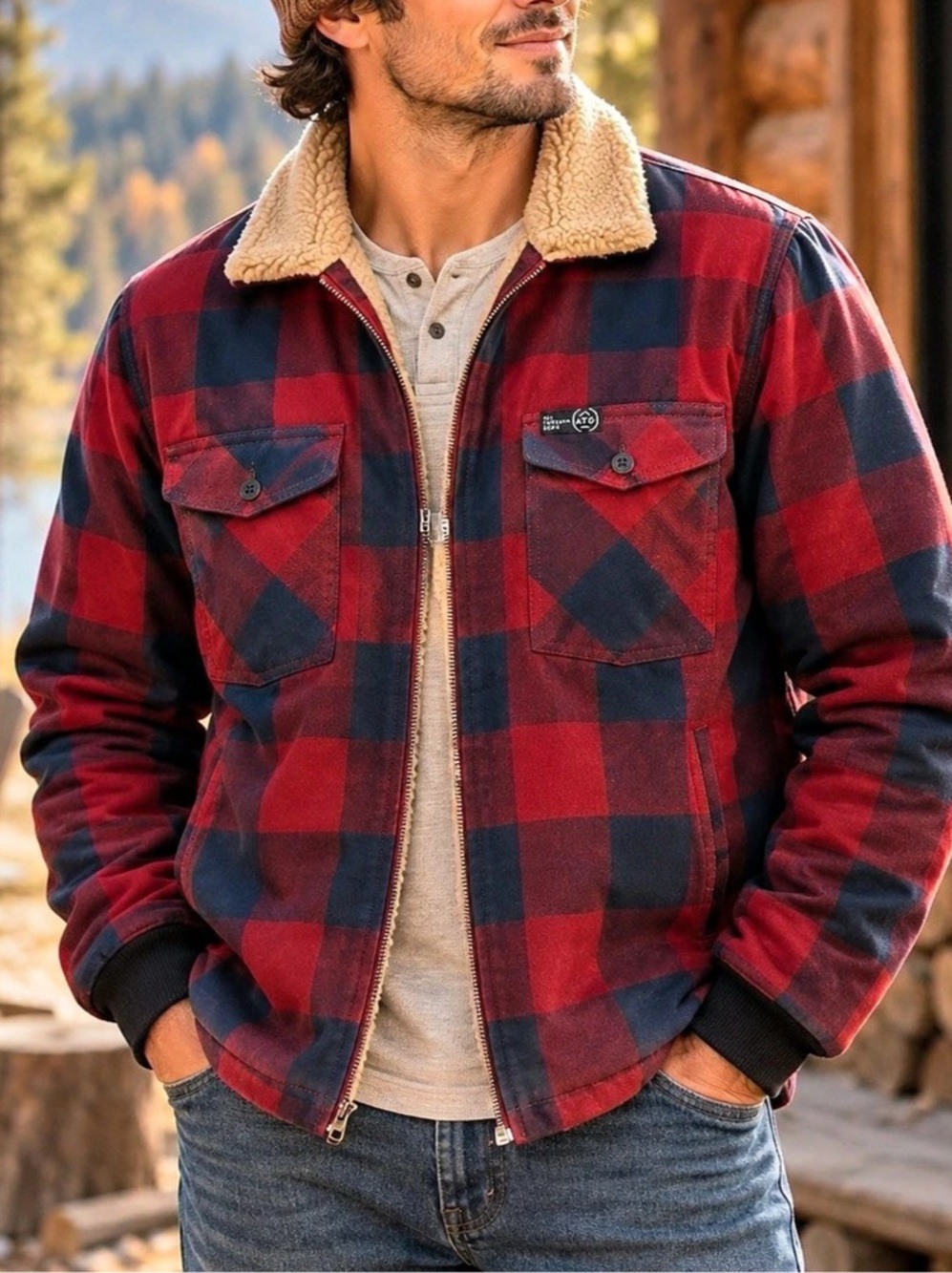 Wrangler ATG Sherpa Lined Buffalo Plaid Jacket Men’s M Red Navy Full Zip